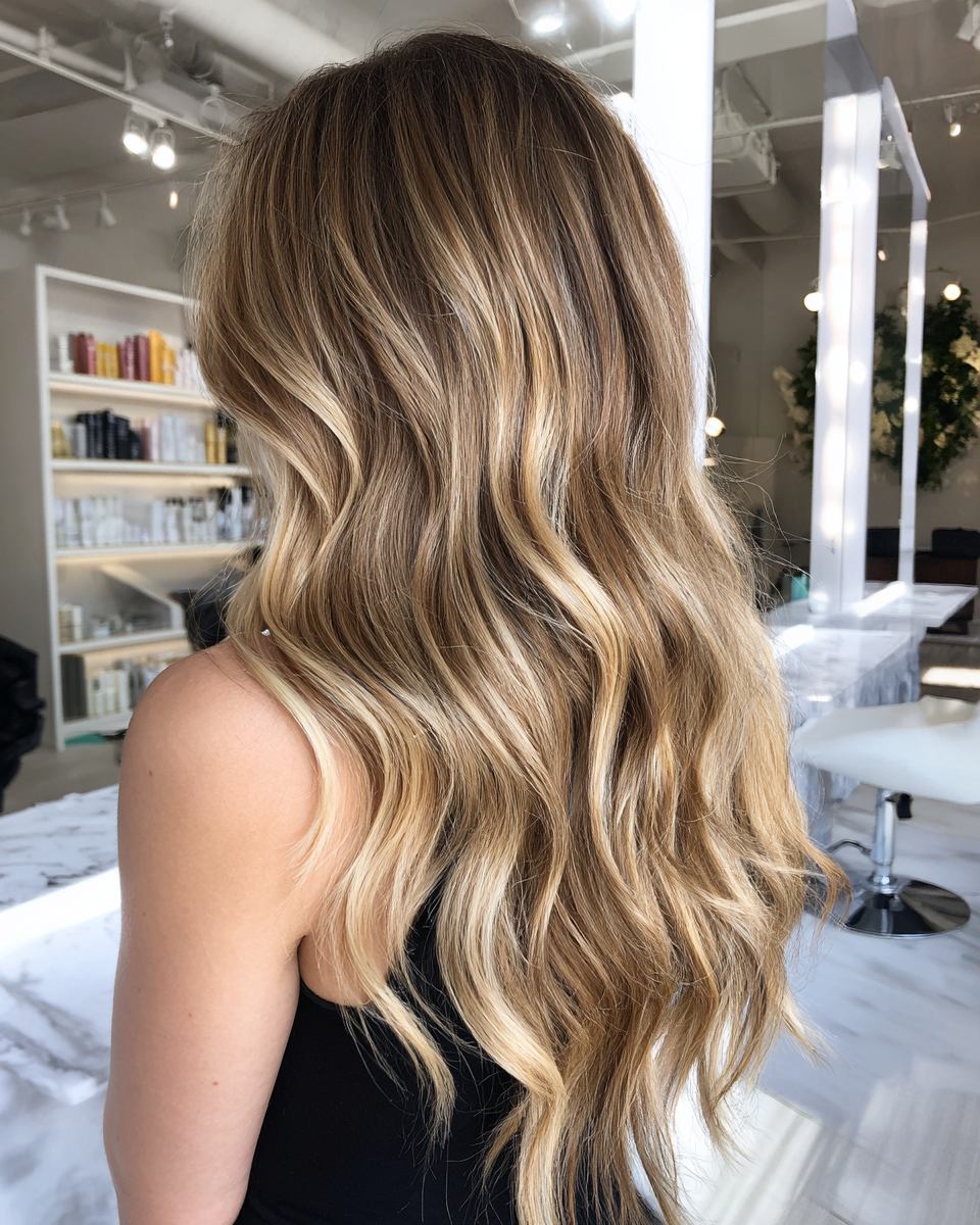 Long flowing curls with honey blonde highlights