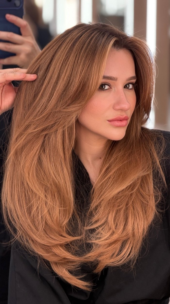 Voluminous blowout with honey blonde highlights