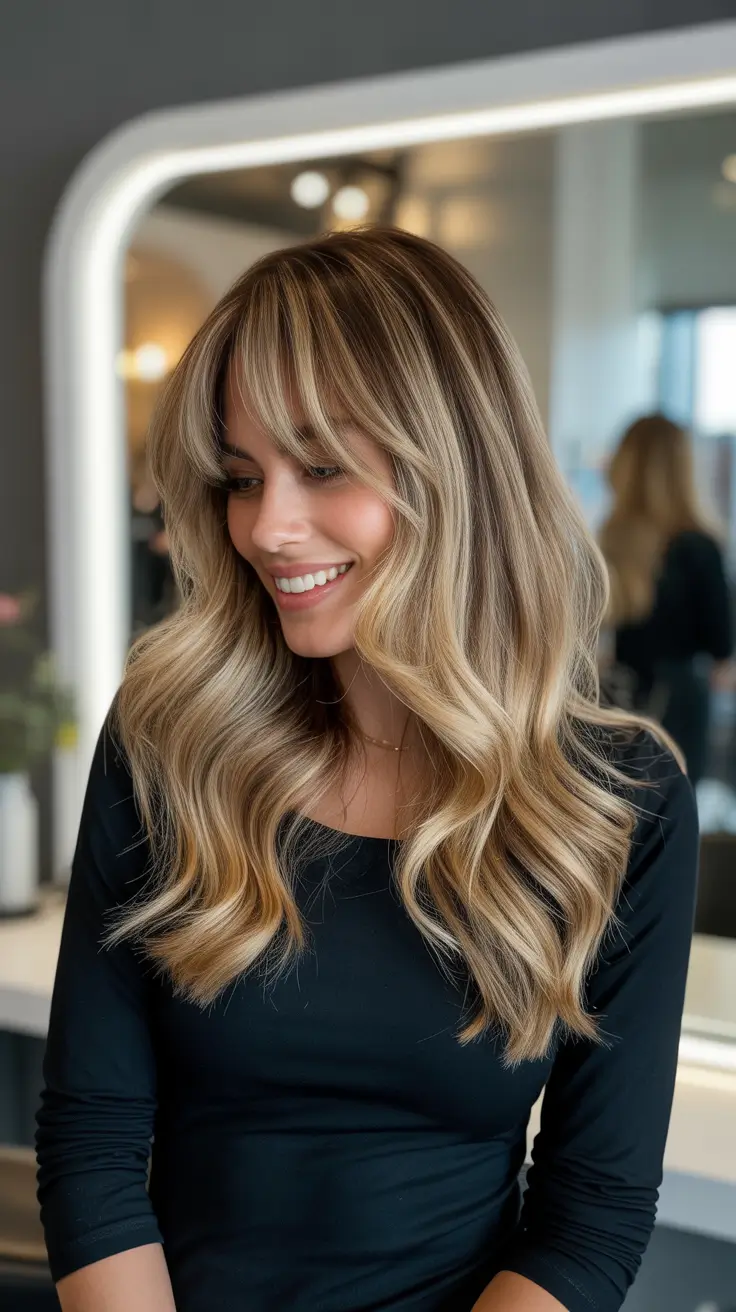 Wavy hair with honey blonde highlights and bangs