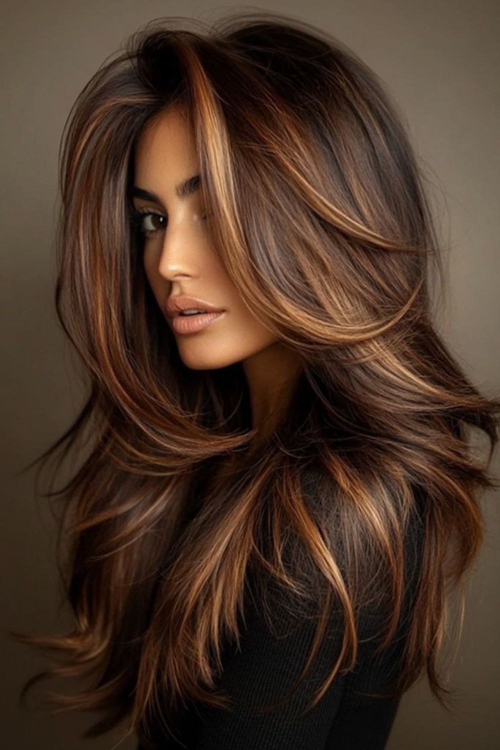 Long layered hair with honey blonde highlights