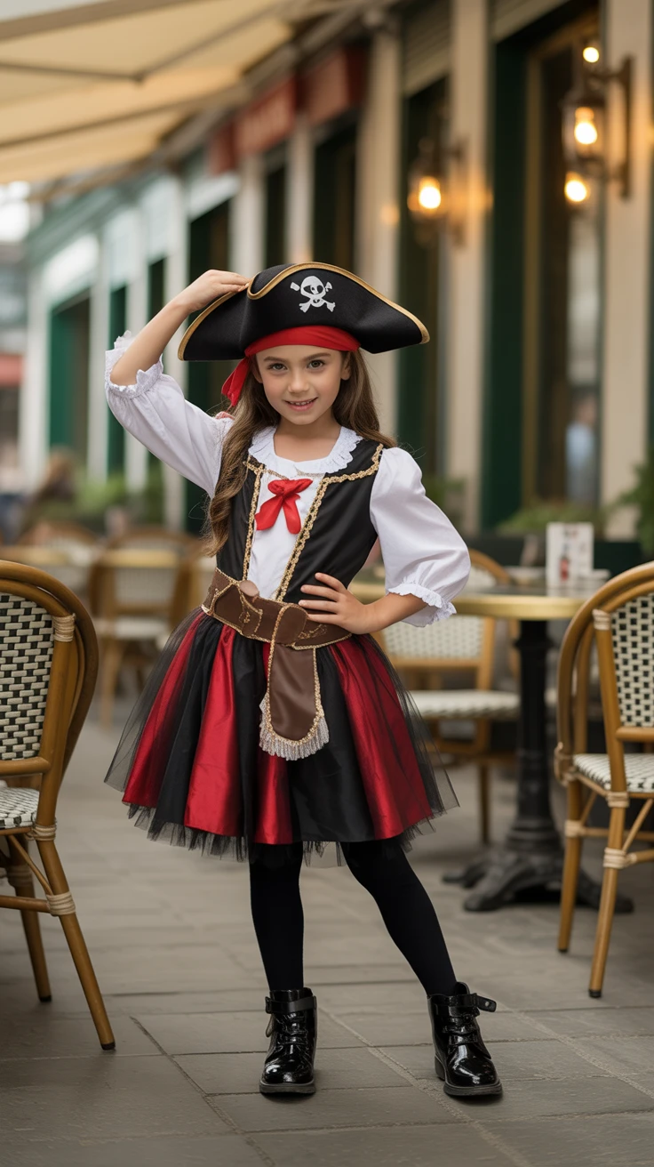 Bold pirate costume, black and red hues