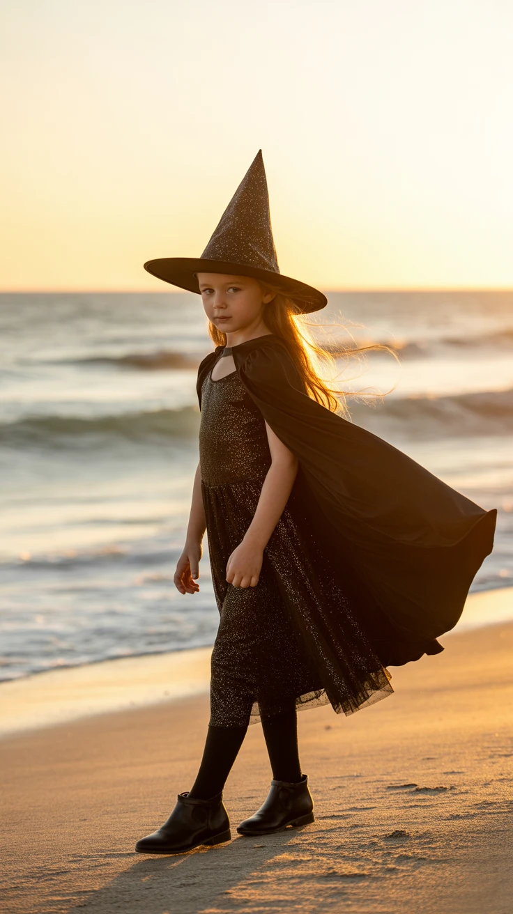 Glamorous witch costume, beach setting