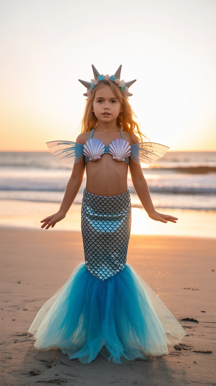 Sunset mermaid costume, shimmering scale detail