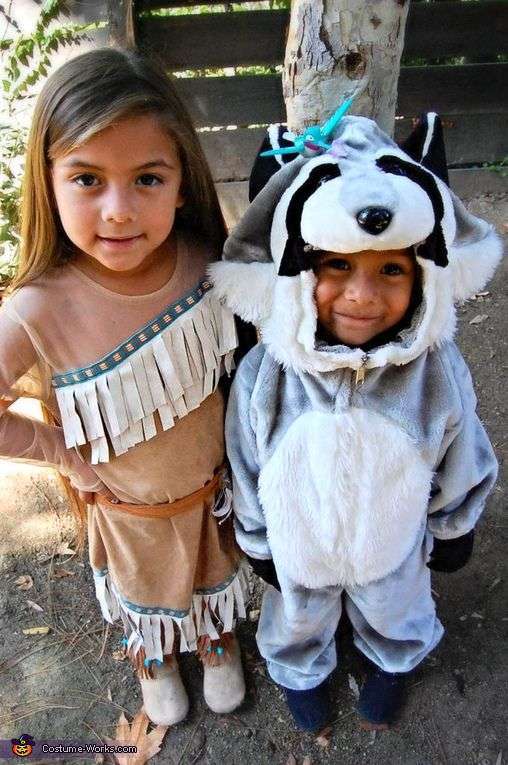 Pocahontas and raccoon costumes, earth tones
