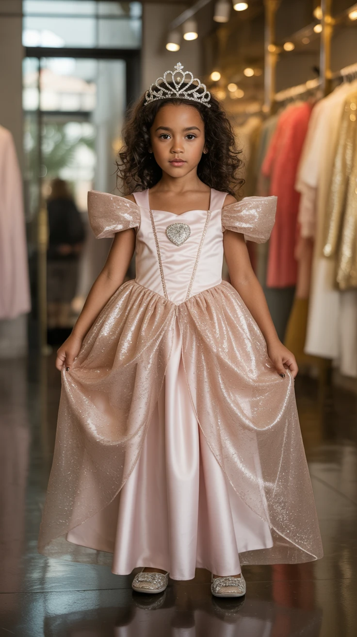 Pink princess costume, glittery gown and tiara
