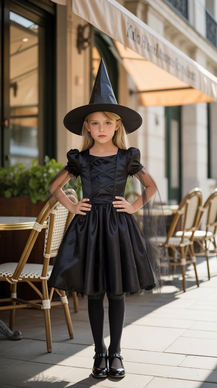 Black witch costume, classic dress and hat