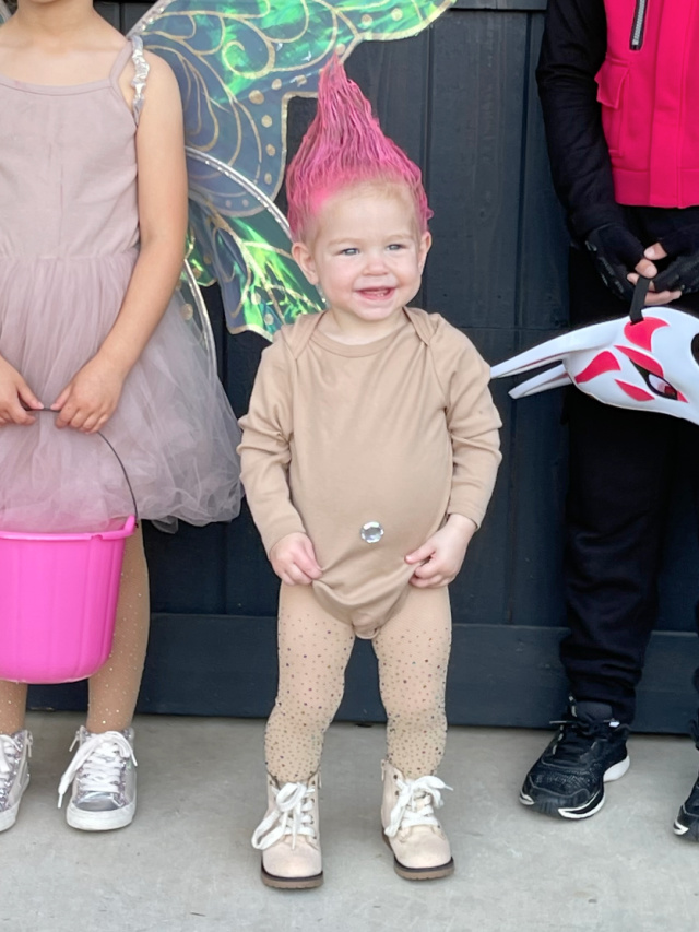 Baby troll costume, colorful hair and bodysuit