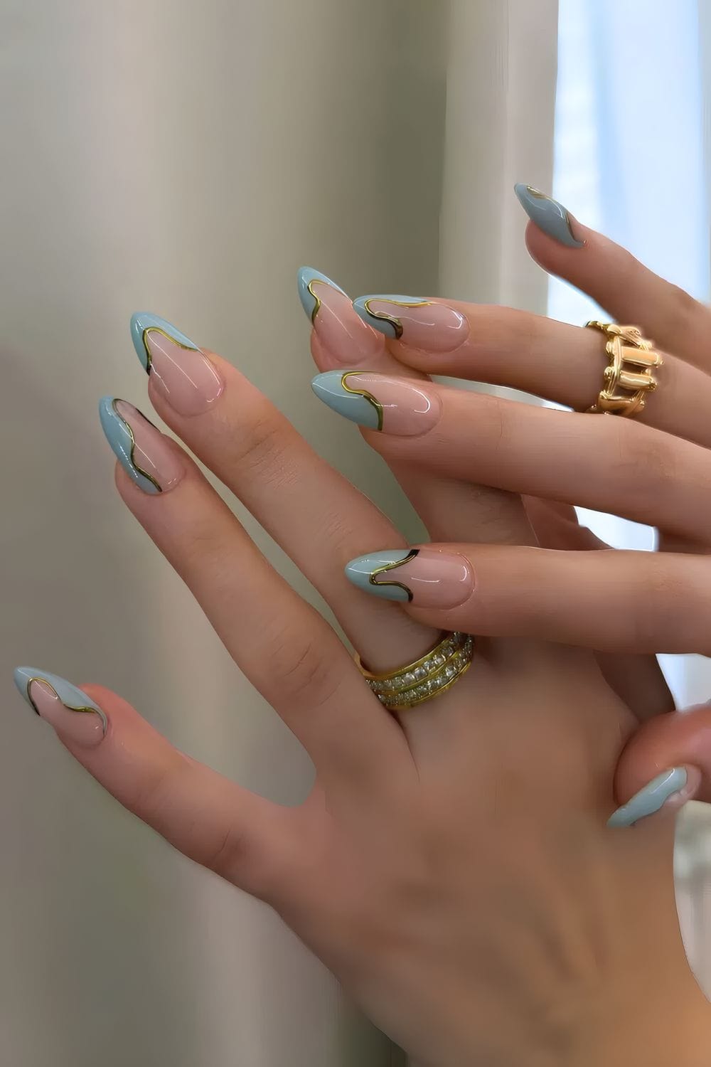 Metallic olive and light blue nails, modern chic