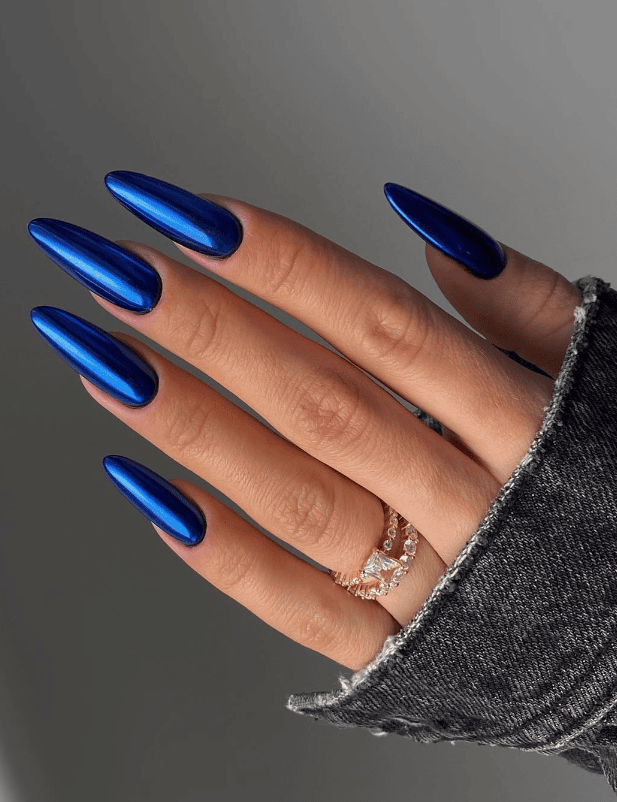 Electric blue chrome nails, bold and striking