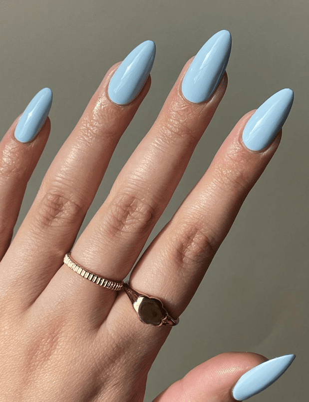 Solid light blue on almond nails