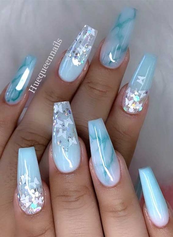 Marble and glitter on long coffin nails
