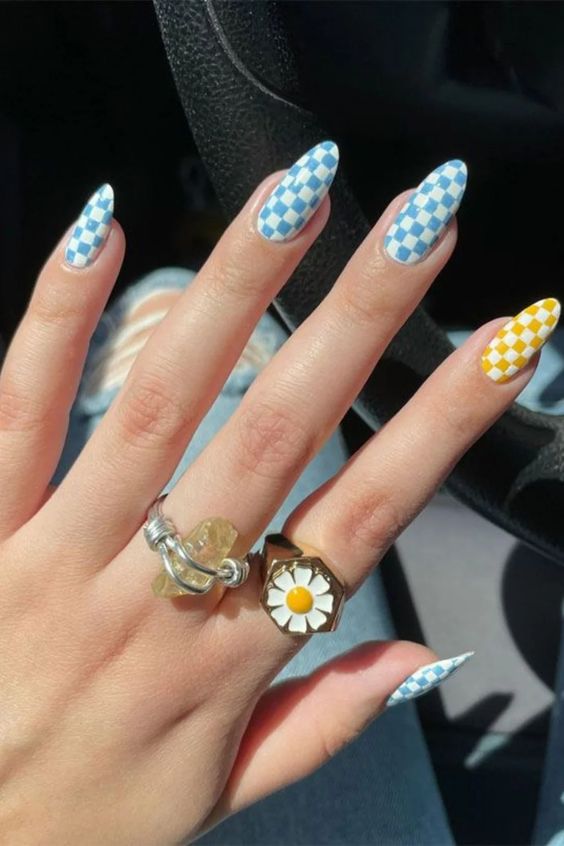 Checkered pastel nails with almond shape