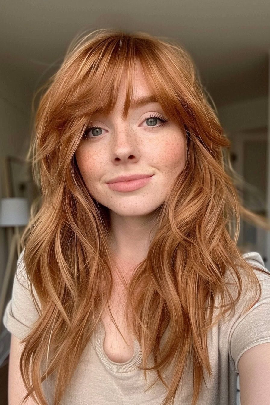 Wavy copper hair with long bangs