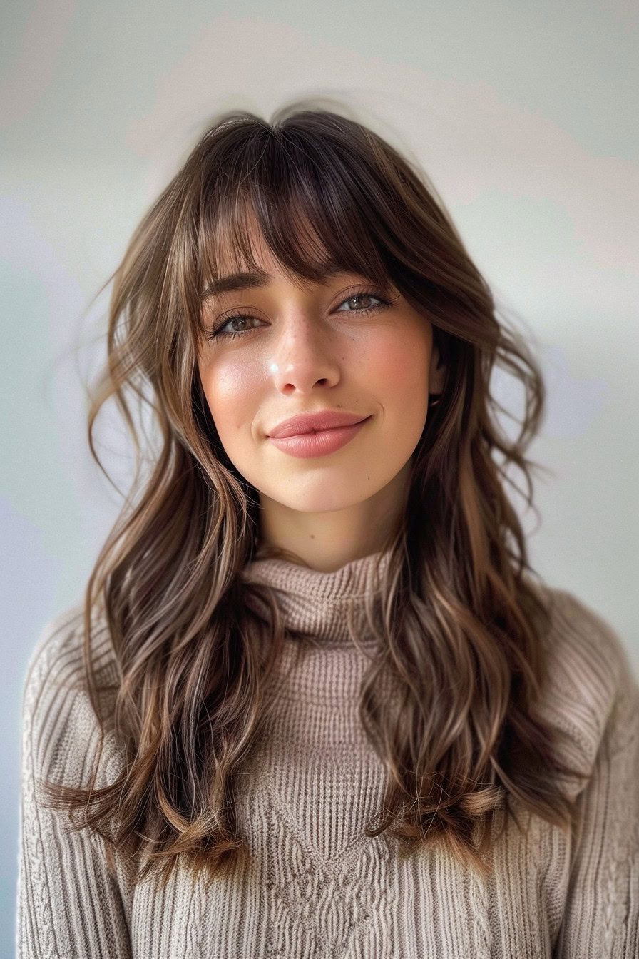 Natural brown waves with long bangs