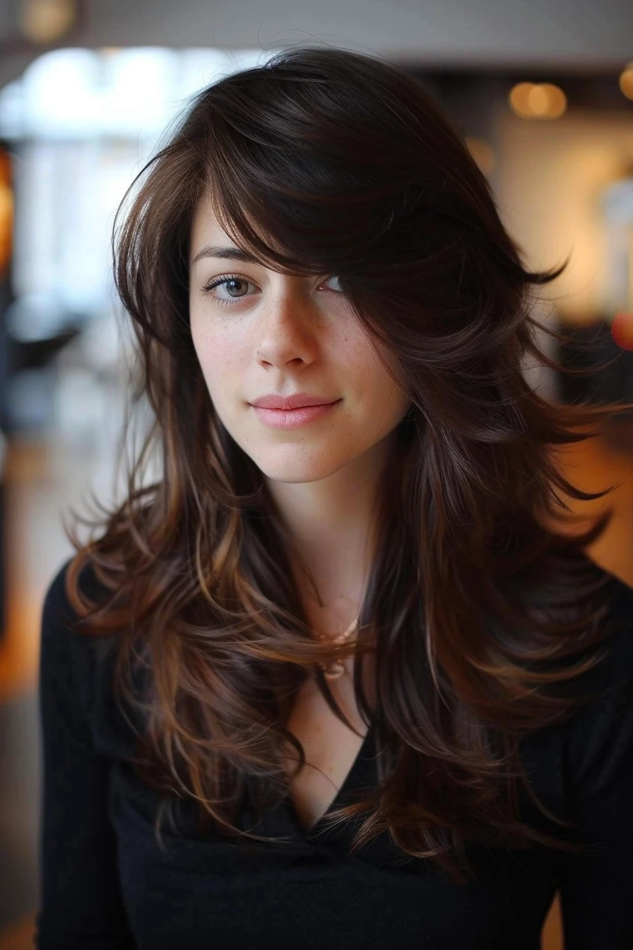 Voluminous layers with side-swept bangs