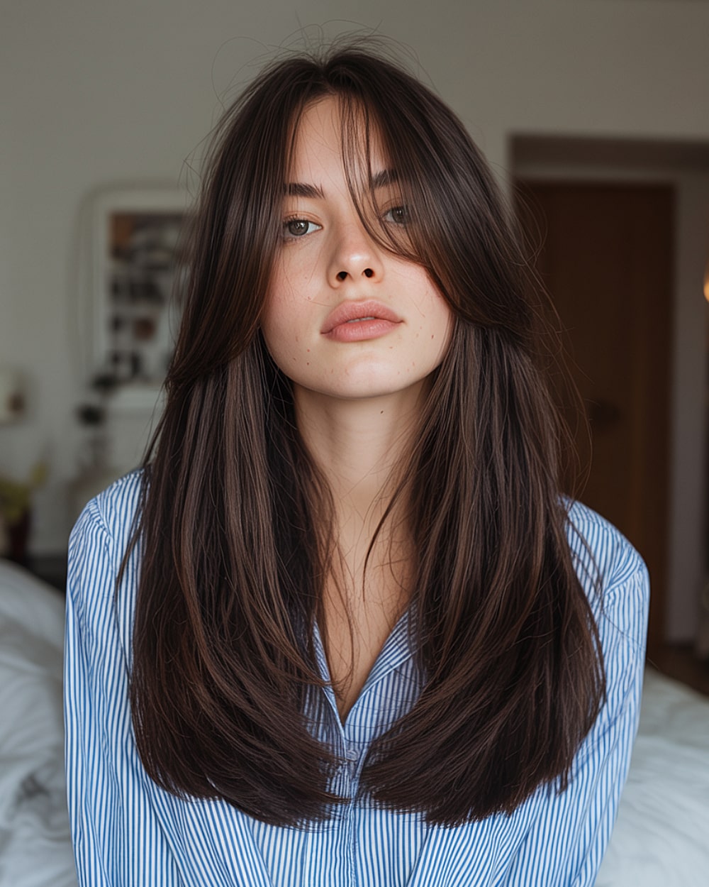 Smooth brunette with center part bangs