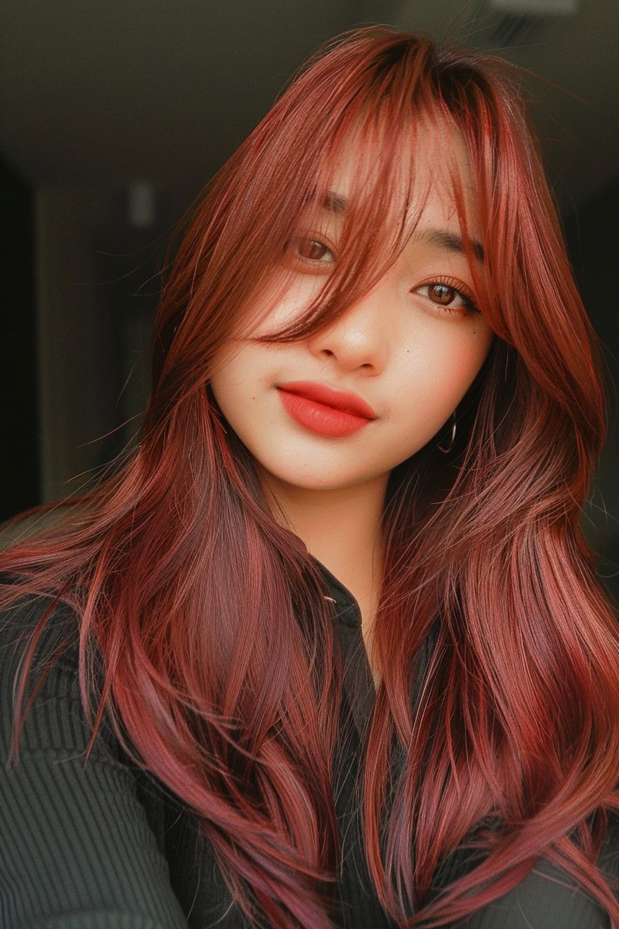 Rich auburn waves with wispy bangs