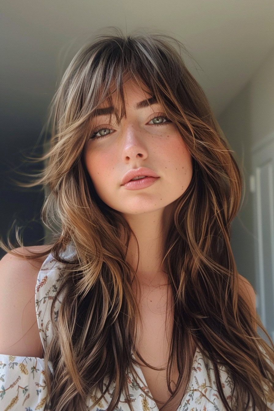 Soft brown waves with natural bangs