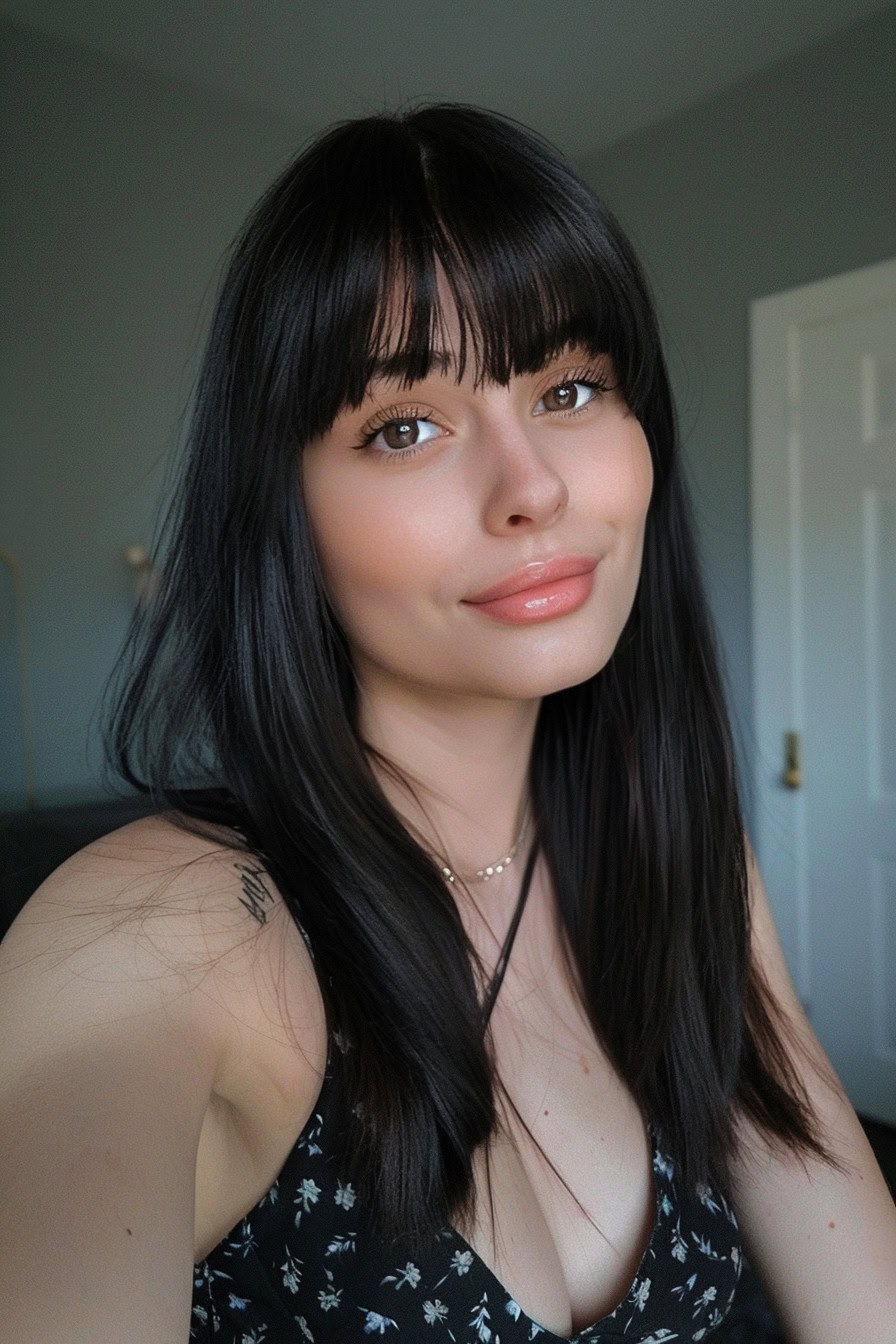 Sleek black hair with blunt bangs