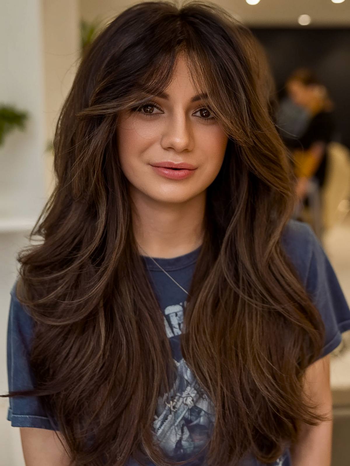 Layered brunette with soft curtain bangs