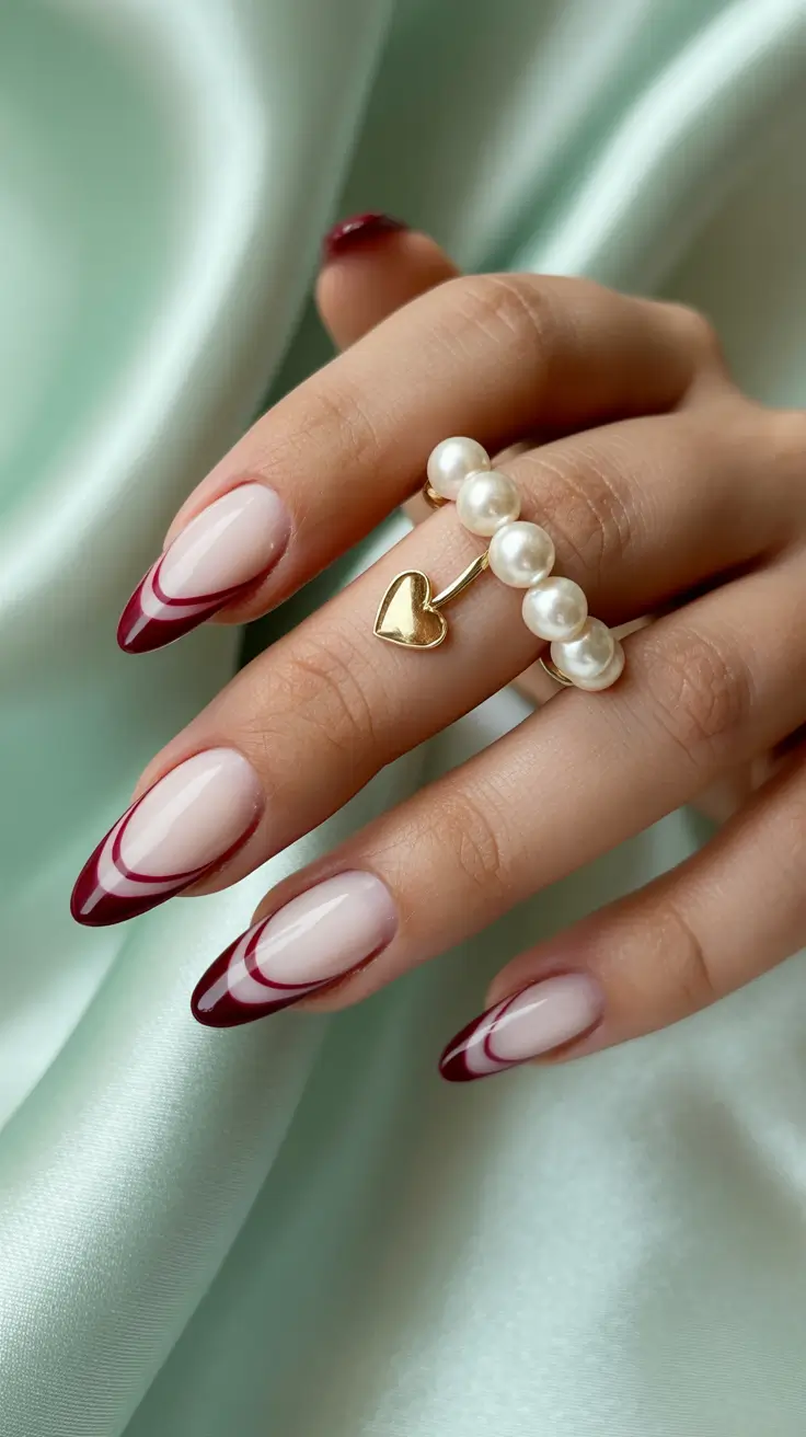 Artistic burgundy French tips on almond nails, creative manicure style