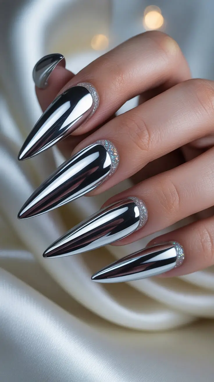 Chrome stiletto nails with futuristic shine