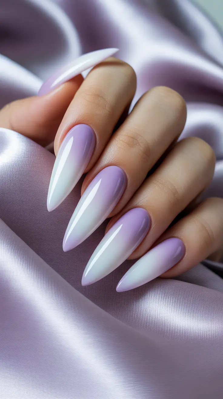 Lavender gradient stiletto nails, dreamy and bold