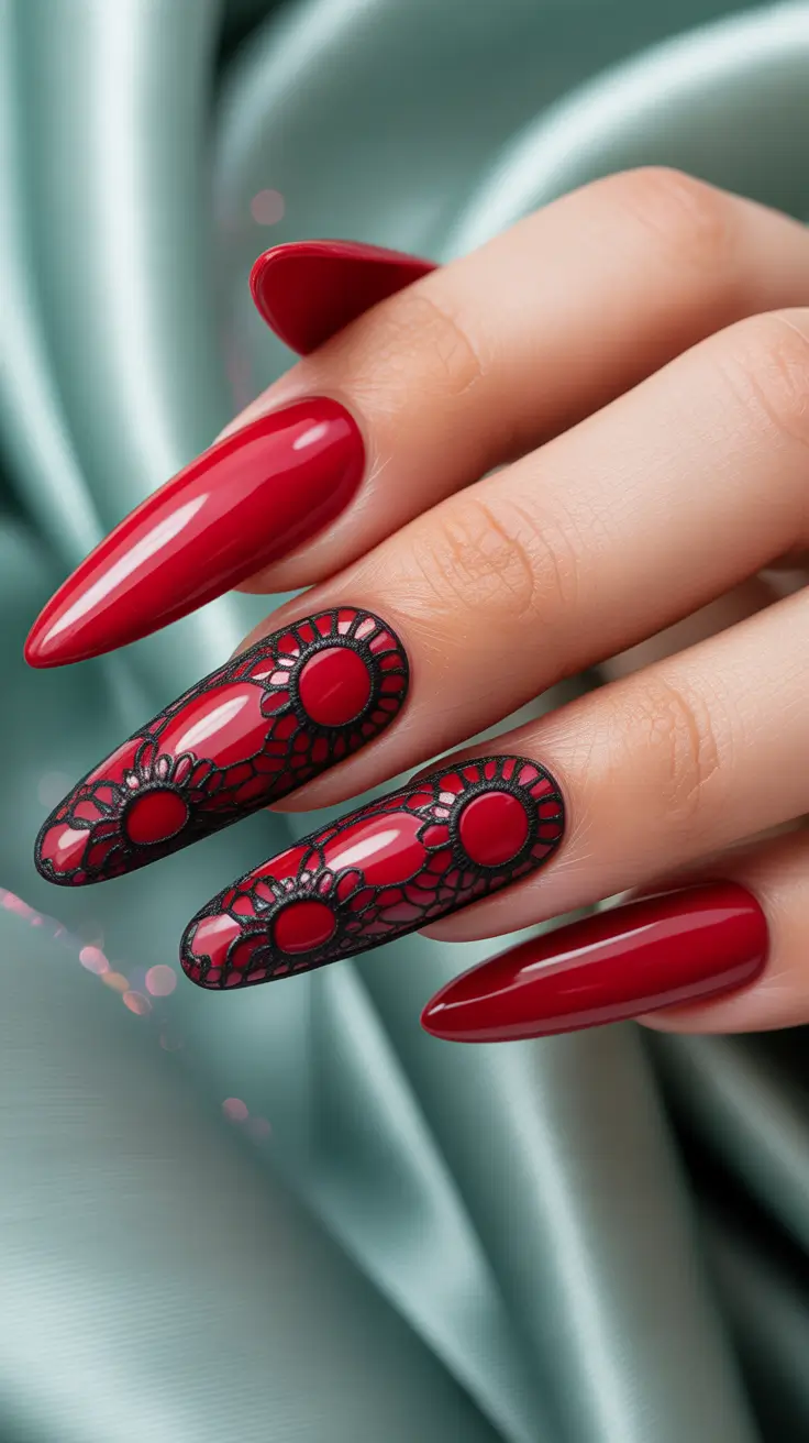 Red stiletto nails with intricate lace design