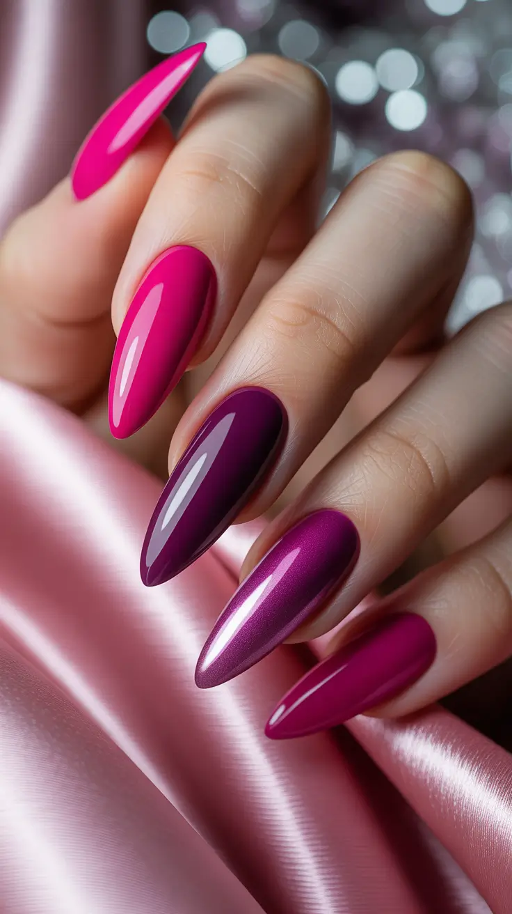 Magenta and purple gradient stiletto nails, vibrant and bold