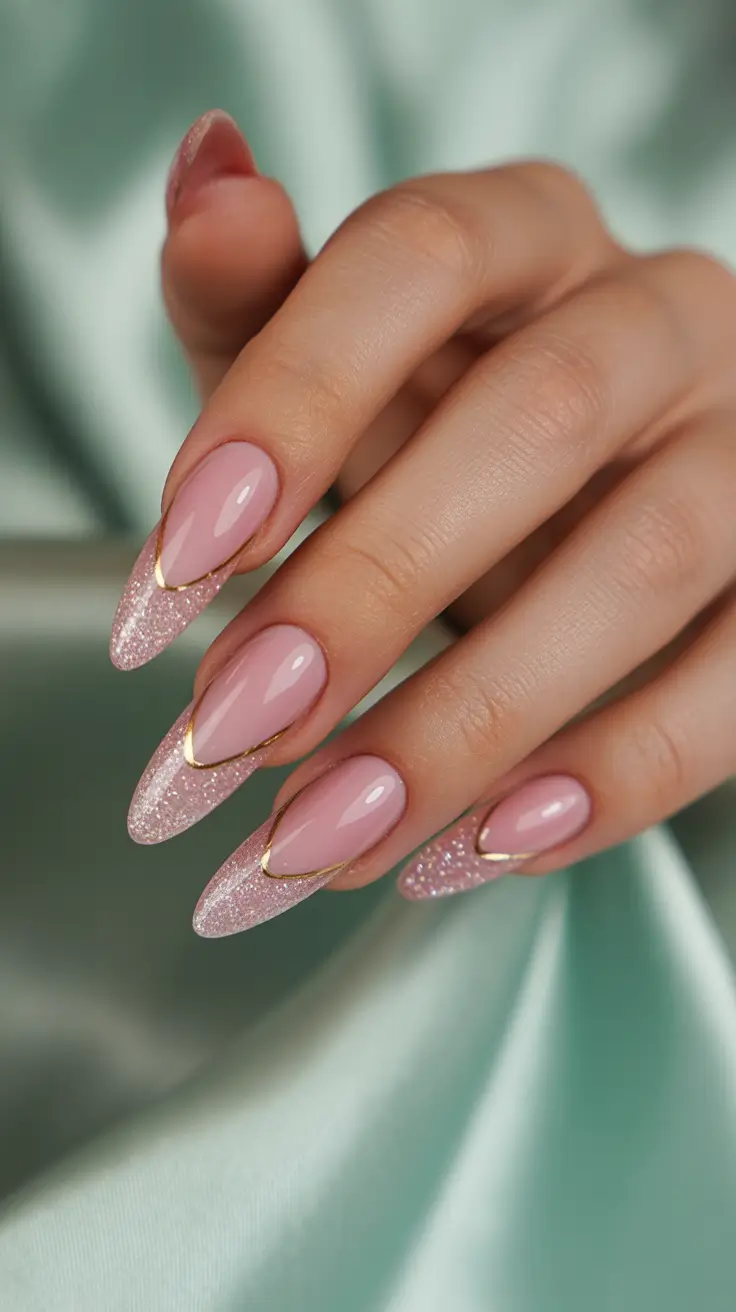 Glittery pink stiletto nails with gold accents