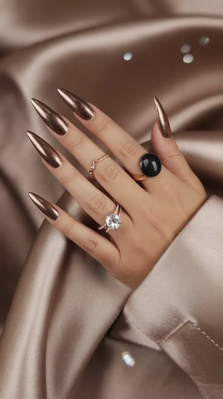 Metallic bronze stiletto nails, bold and luxurious