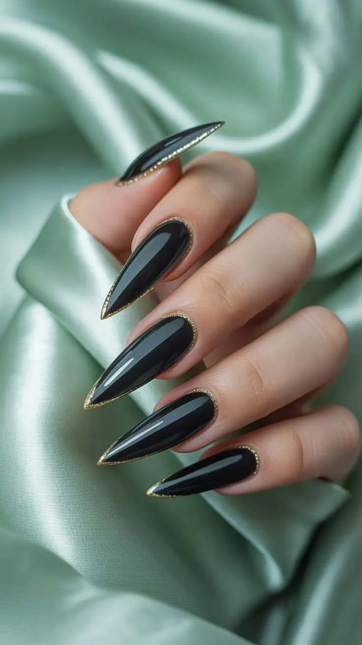 Black and gold stiletto nails, dramatic and elegant