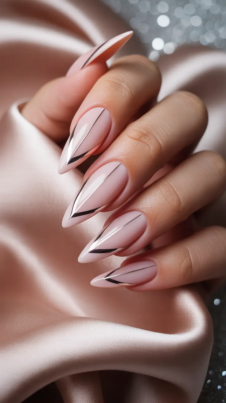 Geometric nude stiletto nails with metallic accents