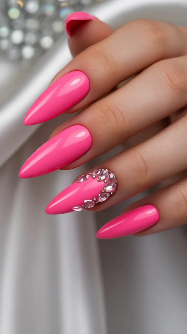 Hot pink stiletto nails with rhinestone accents
