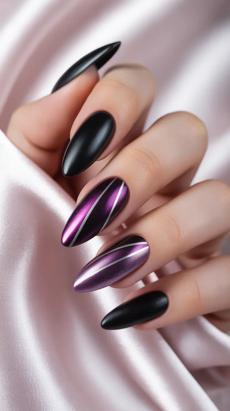 Matte black and chrome almond nails, edgy and sleek