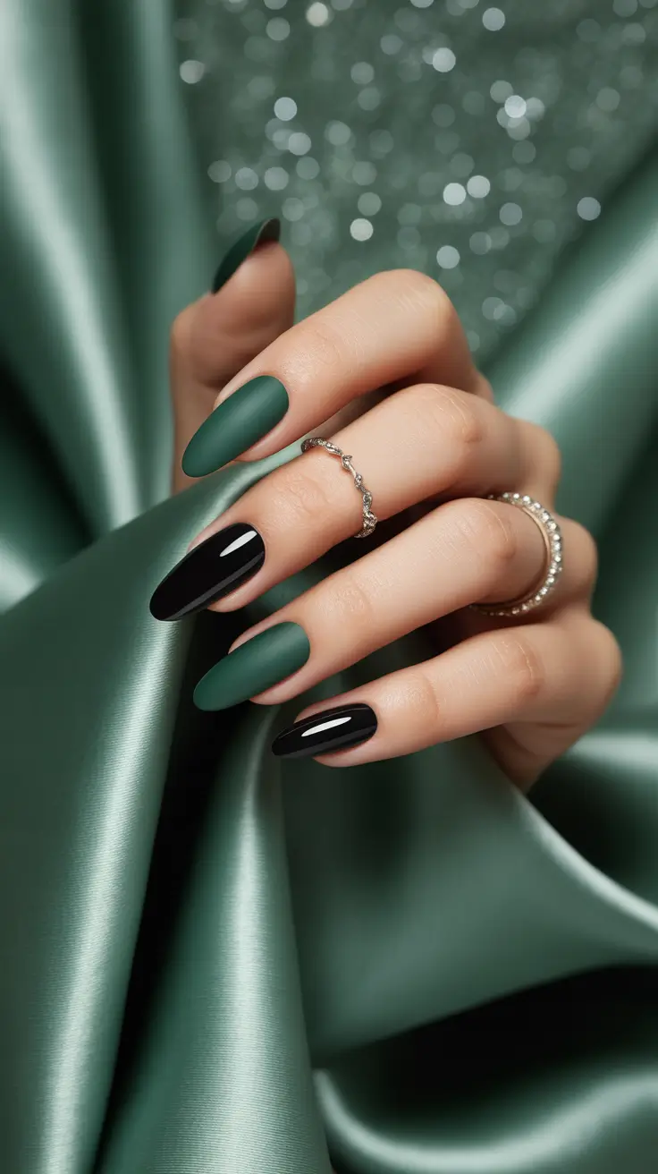Matte green and black almond nails, bold and modern
