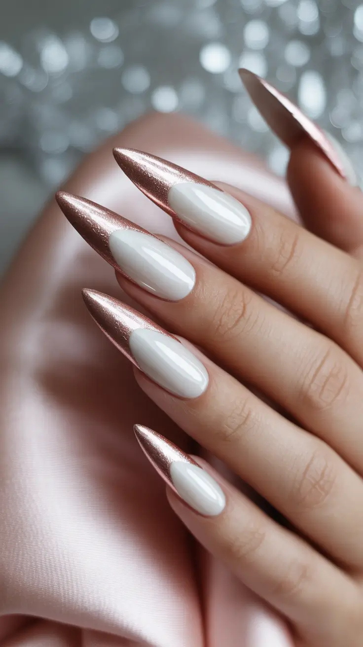 Rose gold and white stiletto nails, luxurious and chic