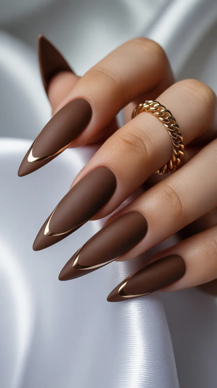 Matte brown stiletto nails with gold tips, luxurious and bold