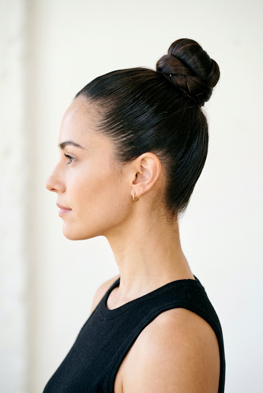 Sleek top knot for medium hair