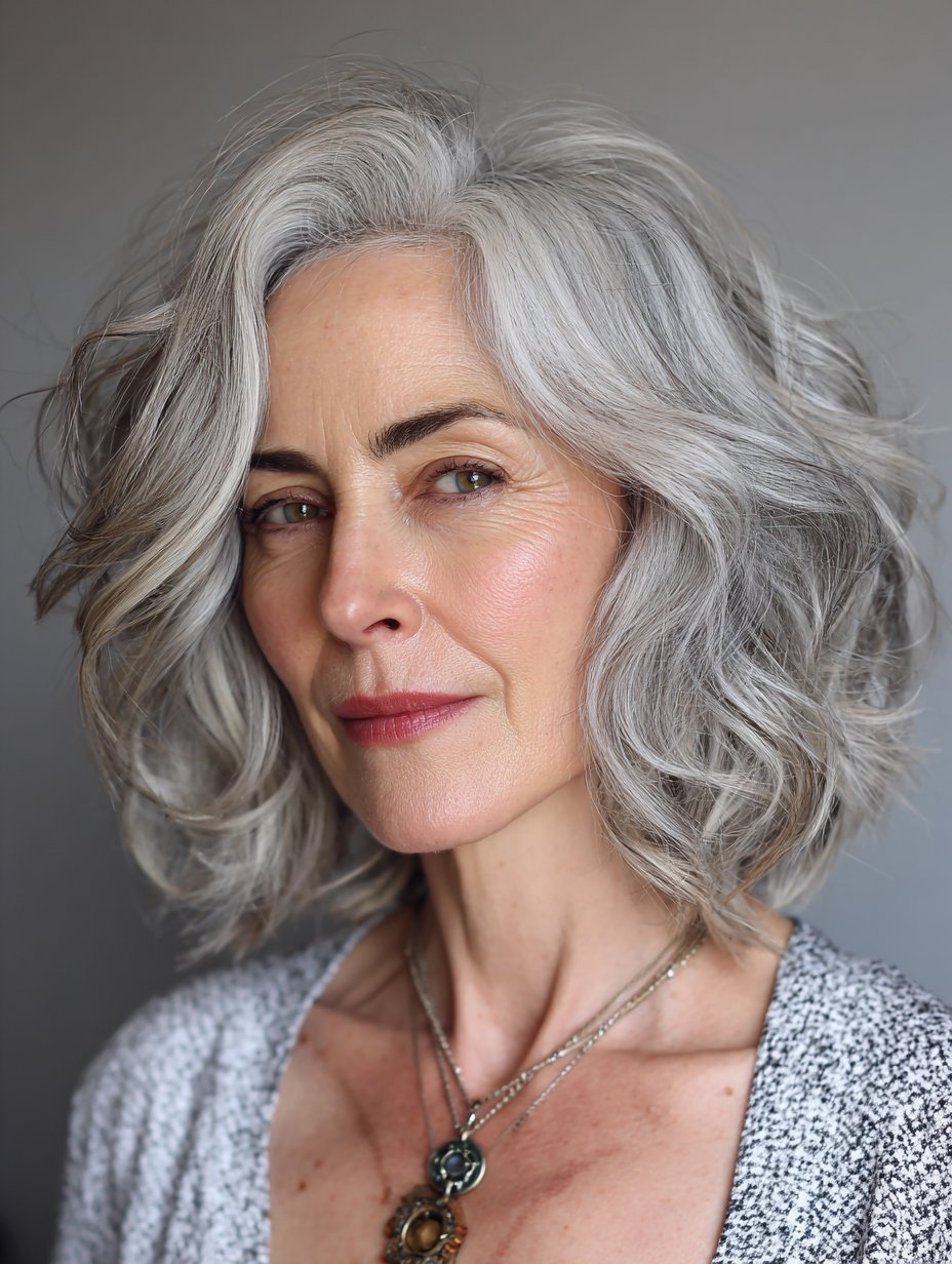 Soft wavy bob with silver highlights