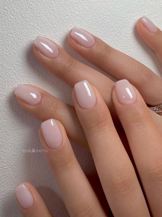 Short square milky nails, soft pink, refined and versatile