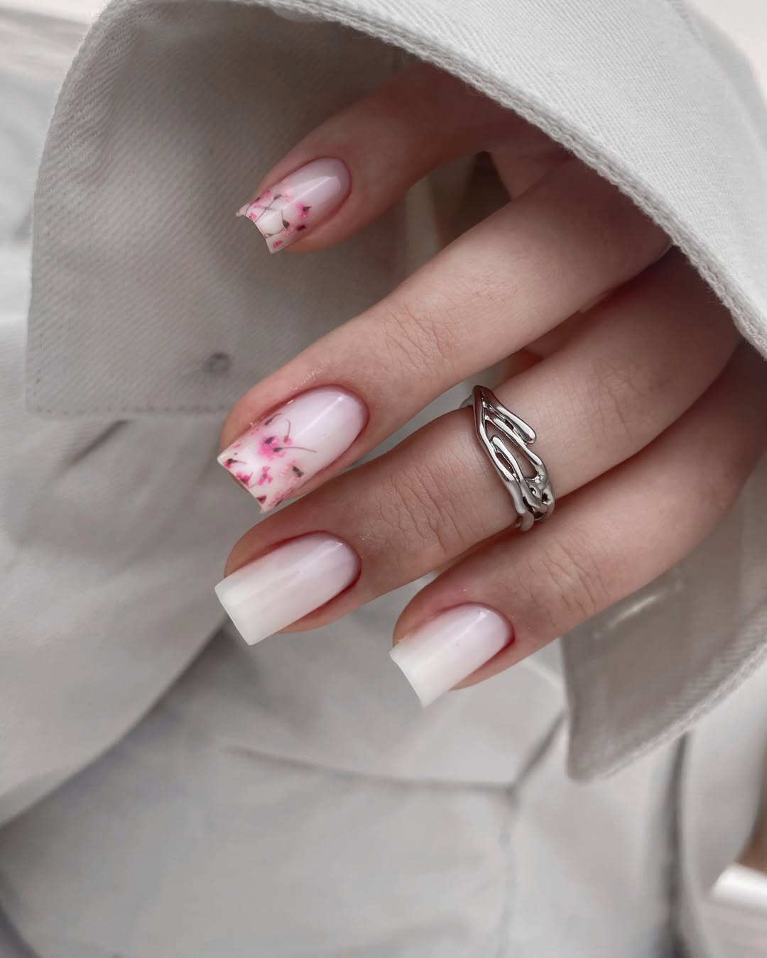 Milky ombre nails with floral accents, square shape, romantic and fresh