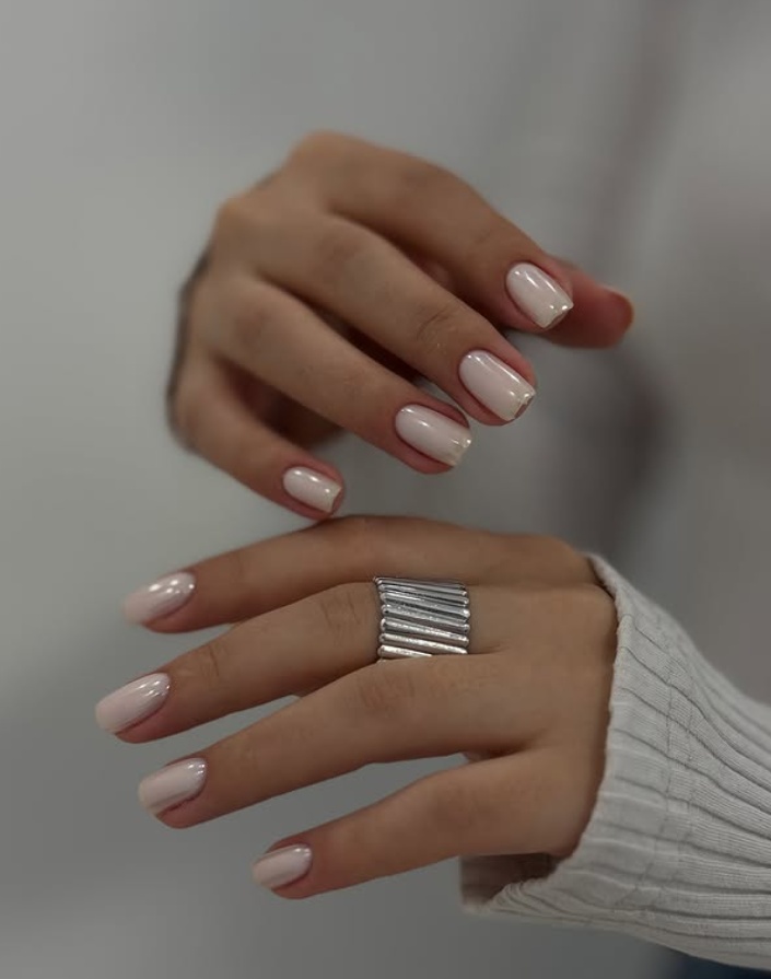 Milky French tips, short square nails, elegant and chic
