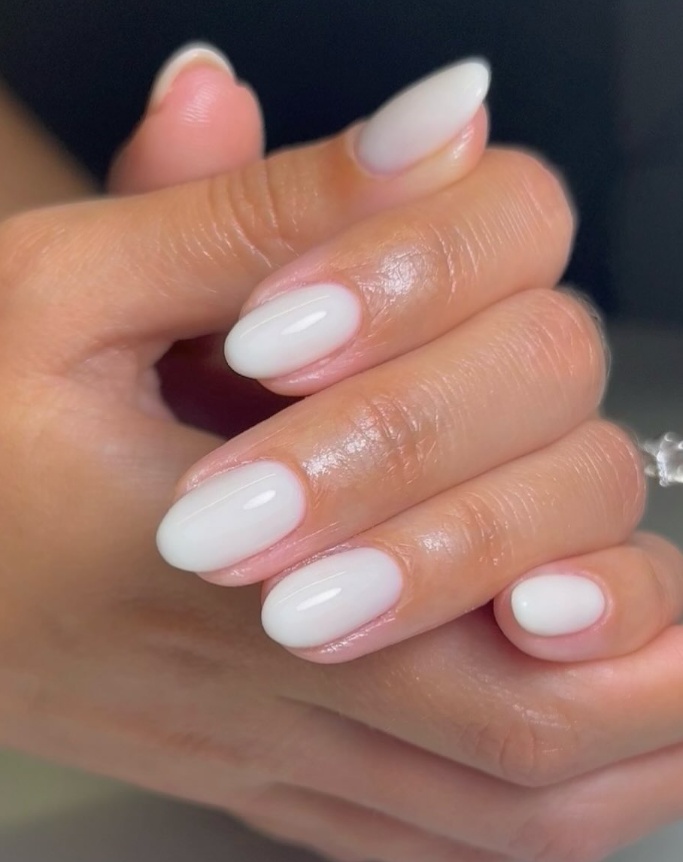 Milky almond nails, soft white, timeless elegance