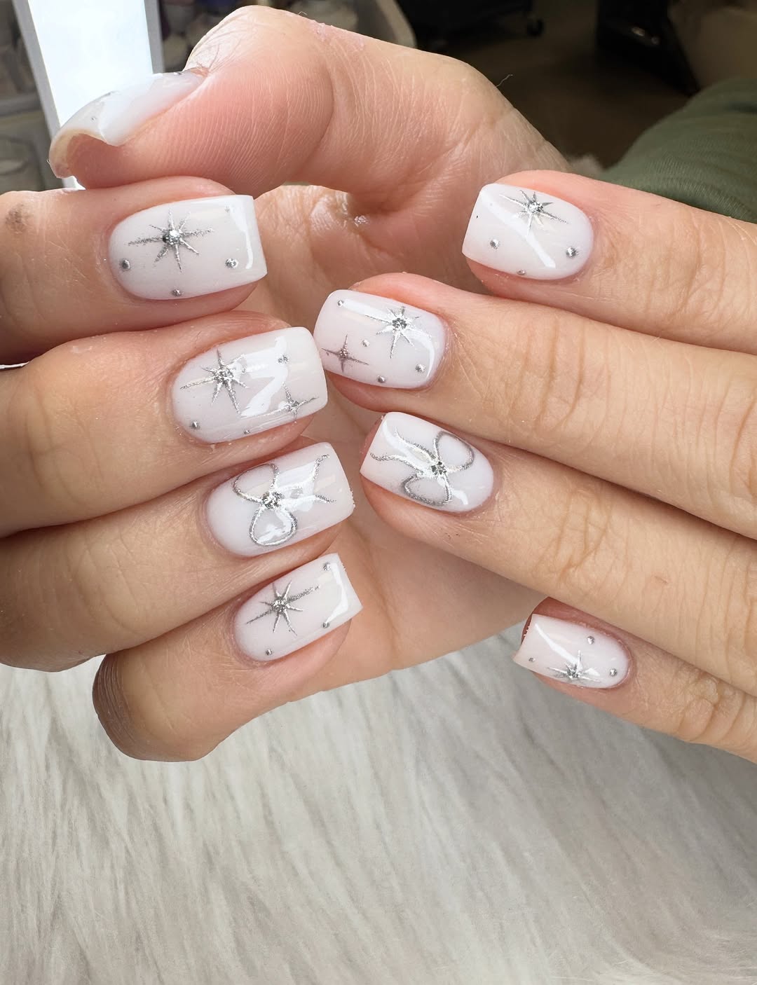 Milky square nails, star designs, playful and fun