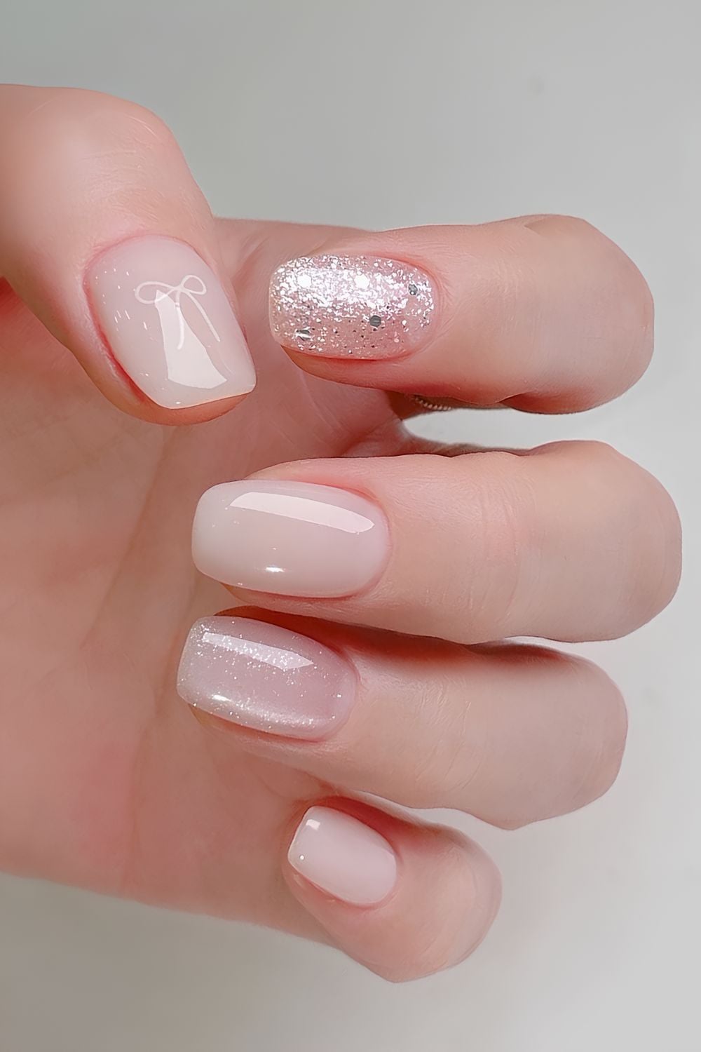 Milky nails with glitter and bow, chic and feminine