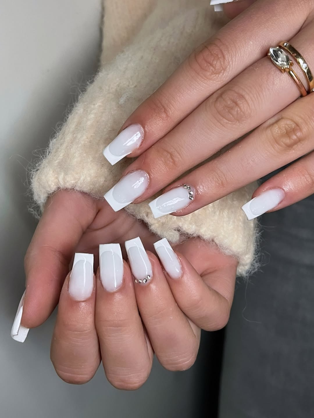 Milky French coffin nails, chic white tips, elegant and stylish