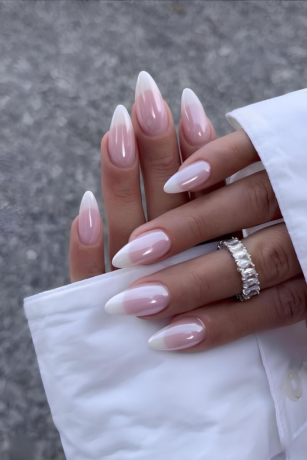 Milky ombre almond nails, soft transition, romantic and graceful