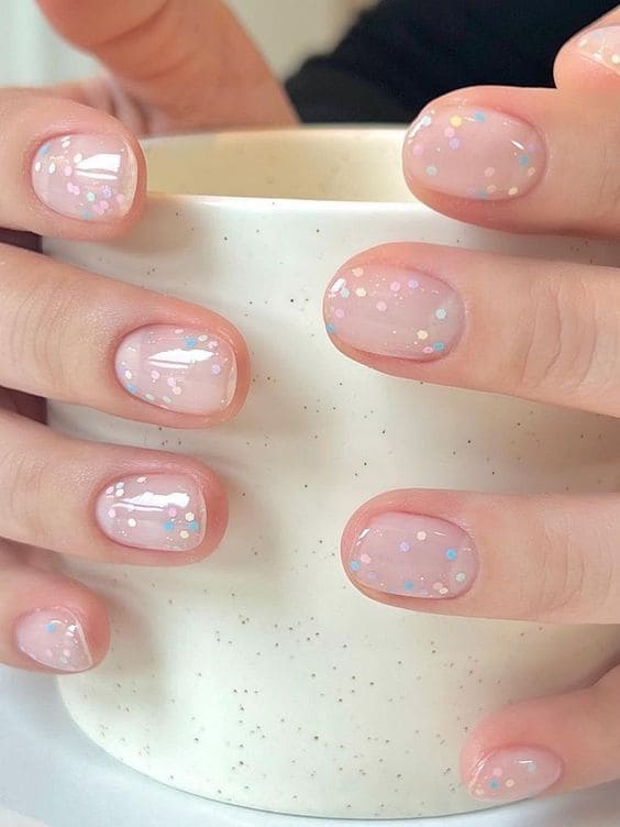 Milky nails with confetti, short and playful, fun and trendy