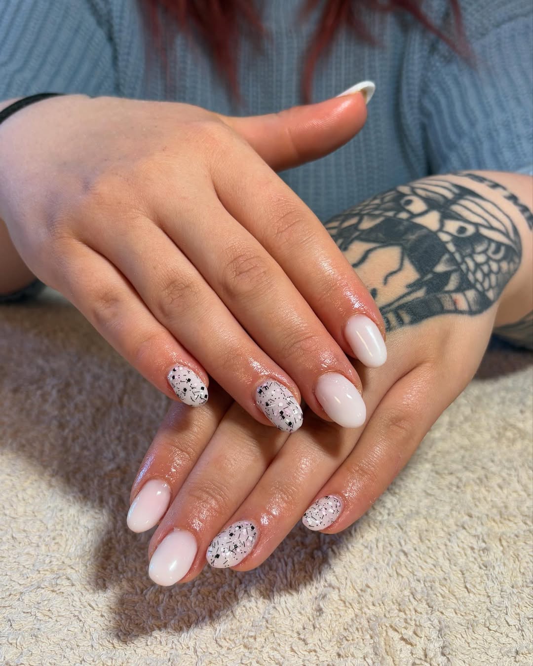Speckled almond nails, playful and artistic